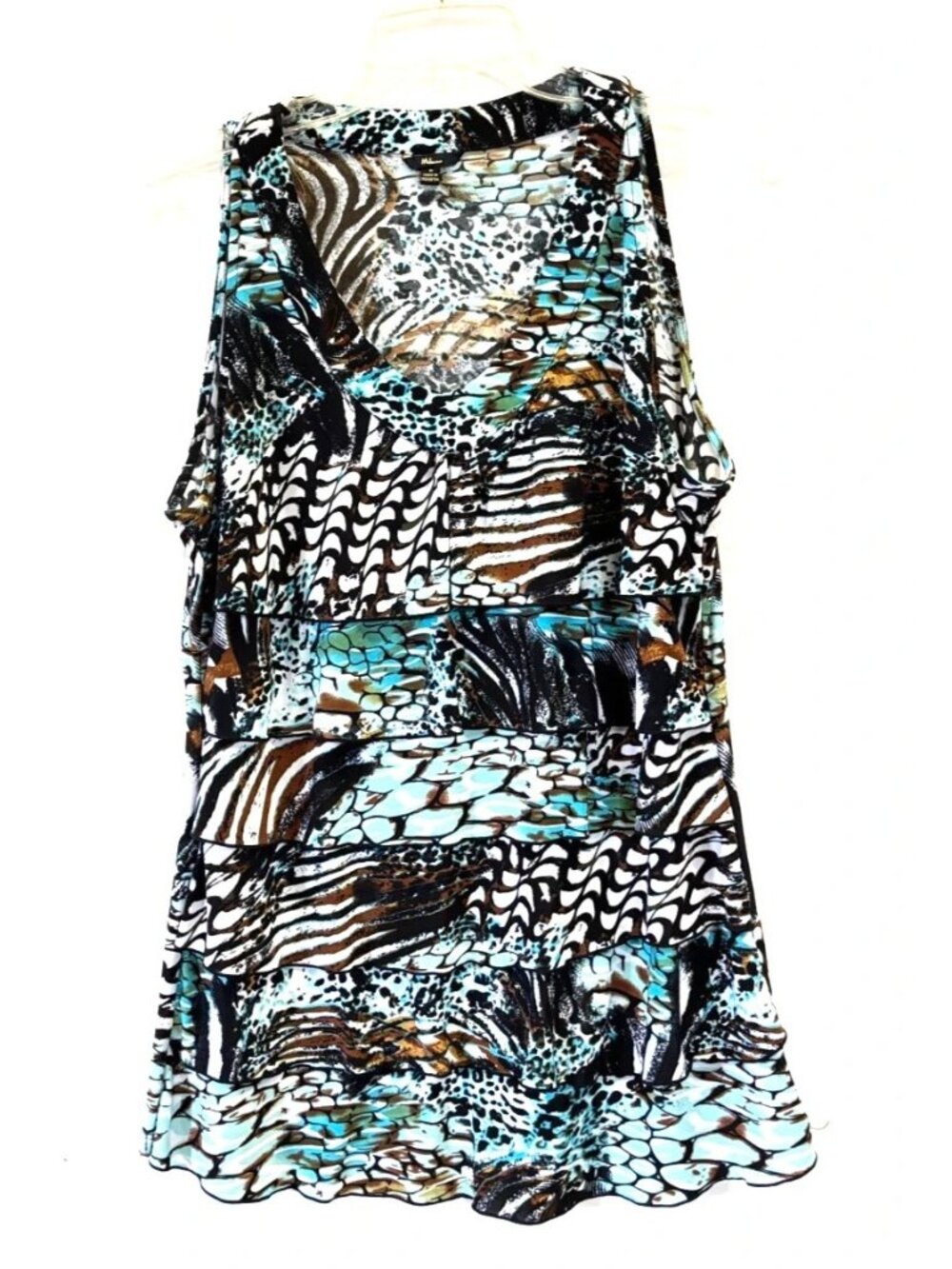 Milano Sleeveless Top Tank Size Medium Ruffled Front Turquoise Brown Black